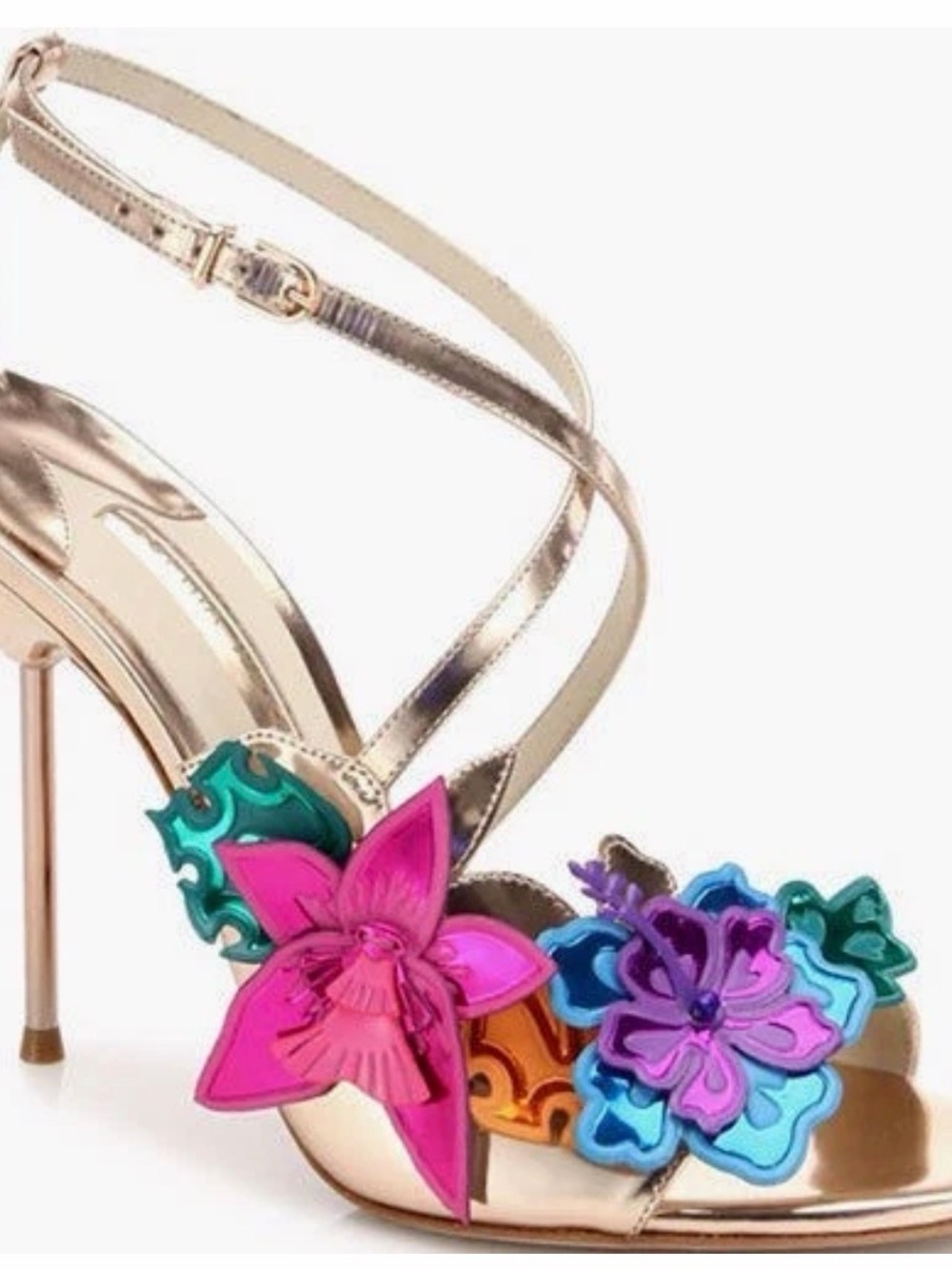 Sophia Webster Metallic Gold Strappy Heels with Multicolor Floral Appliqués